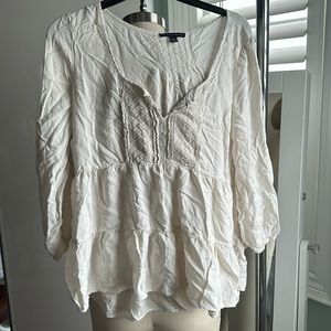 American Eagle Ivory White Embroidered Print 3/4 Sleeve Top Size L Bohemian